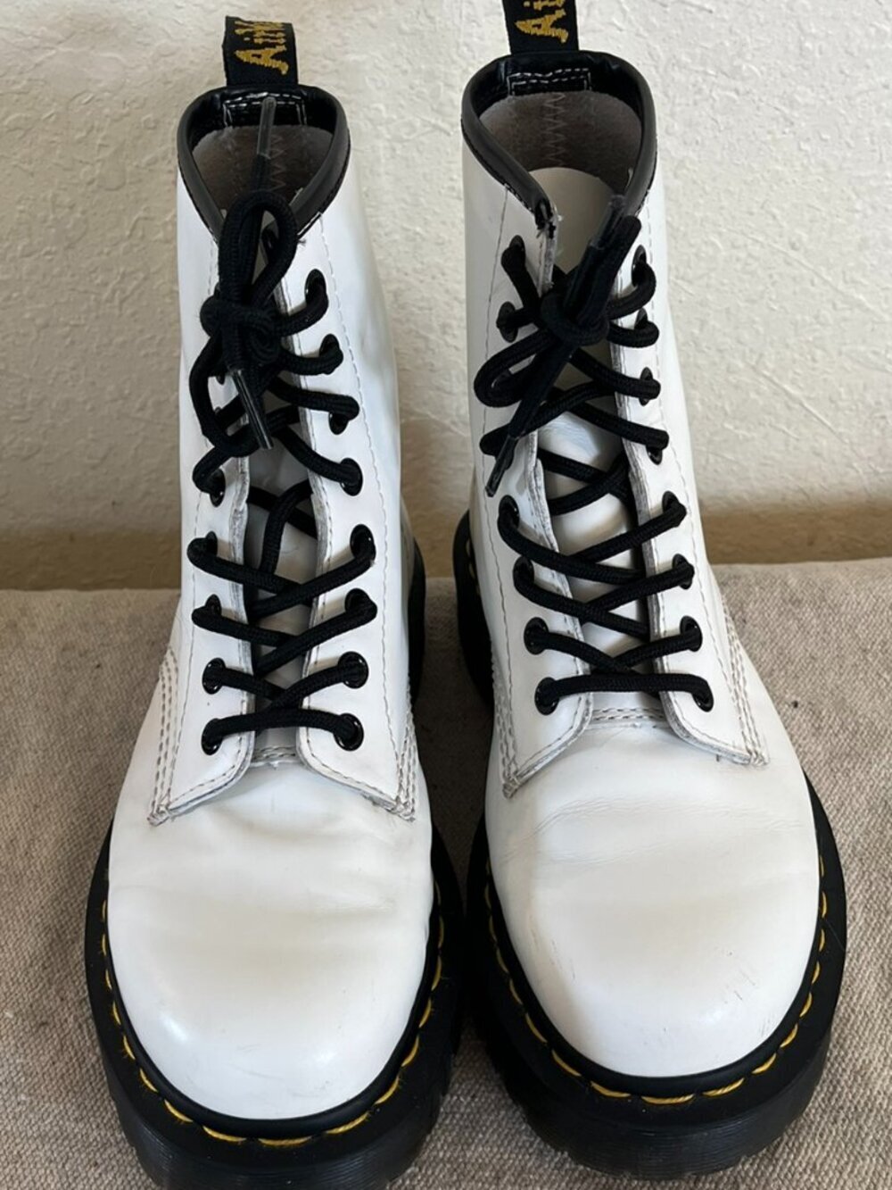 Dr. Martens Woman's White Patent 8 Eye Combat Boots Sz 7